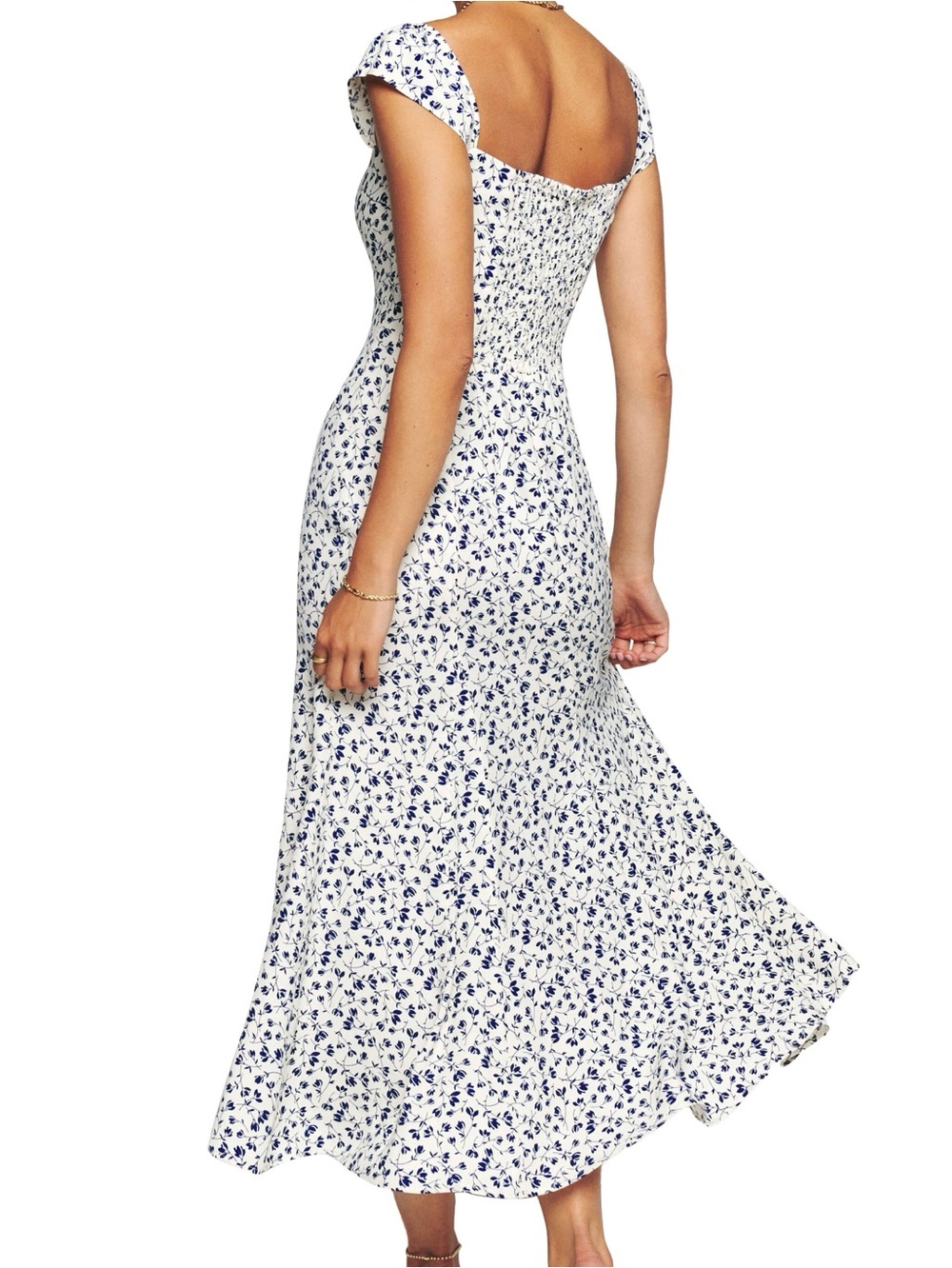 Reformation Bryson Midi Dress Sz 2 White Blue Floral Mykonos Sweetheart - Picture 2 of 14